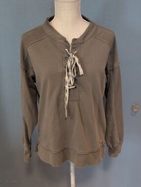 BKE Lace Up Raw Hem Cotton Blend Pull Over Sweatshirt Gorpcore Minimalist
